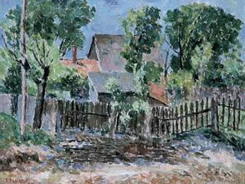 1894-Symche Trachter - Paesaggio con un cottage e una piccola recinzione